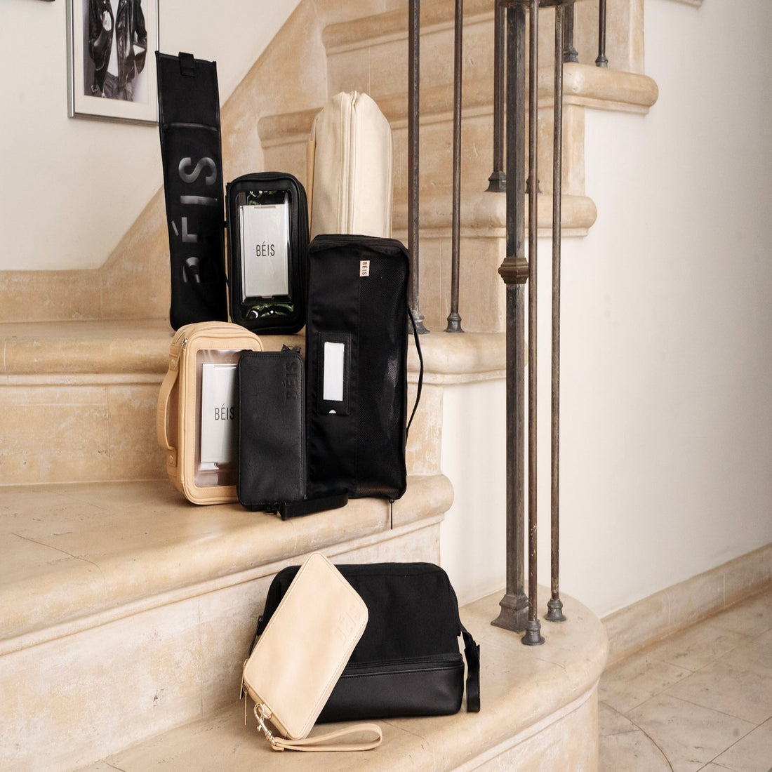 Stone staircase with lots of luggage on it