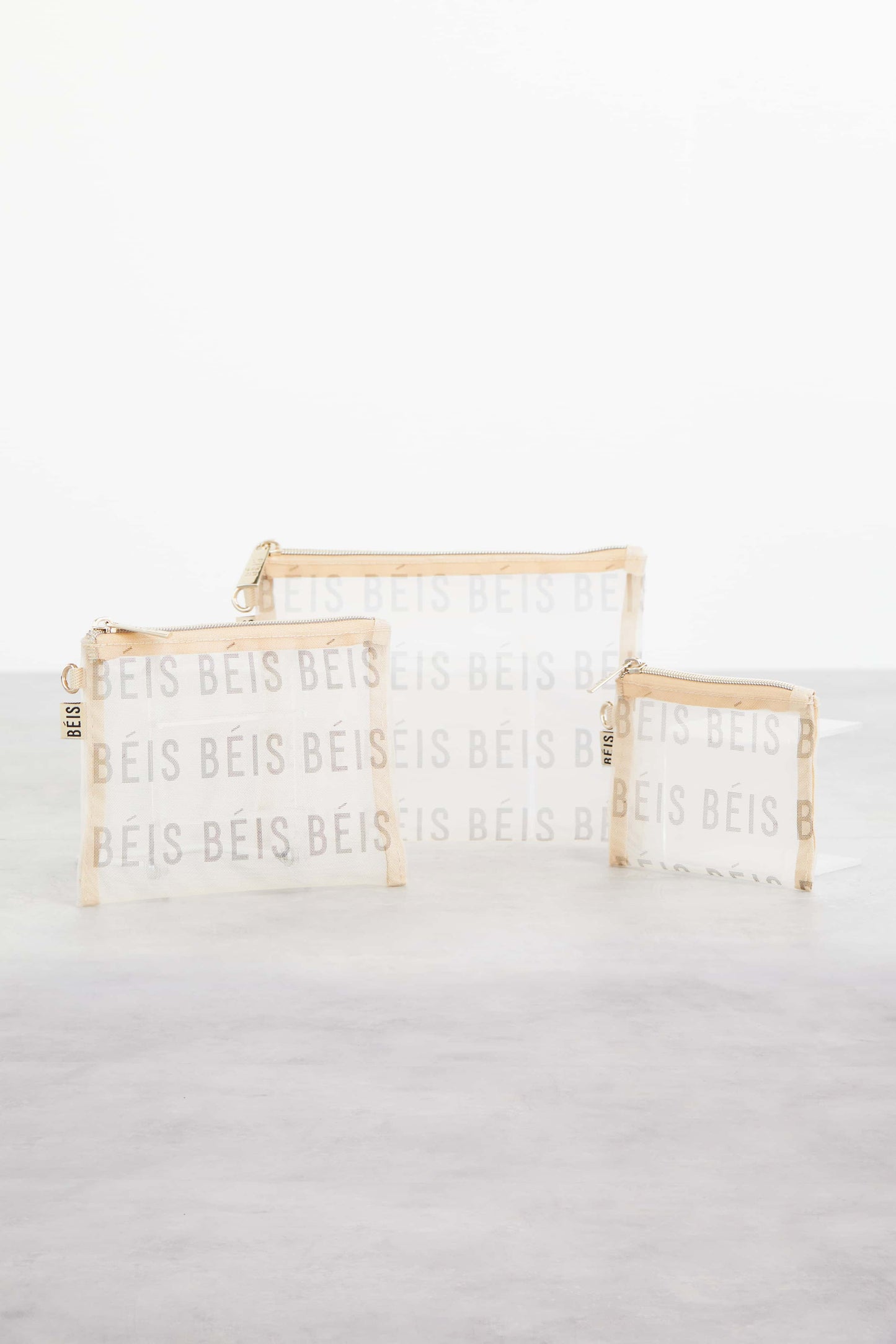 Mesh Pouch Trio Beige Front Three Piece