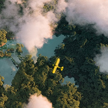 Distant aerial view of a dense rainforest vegetation with lakes in a shape of world continents, clouds and one small yellow airplane