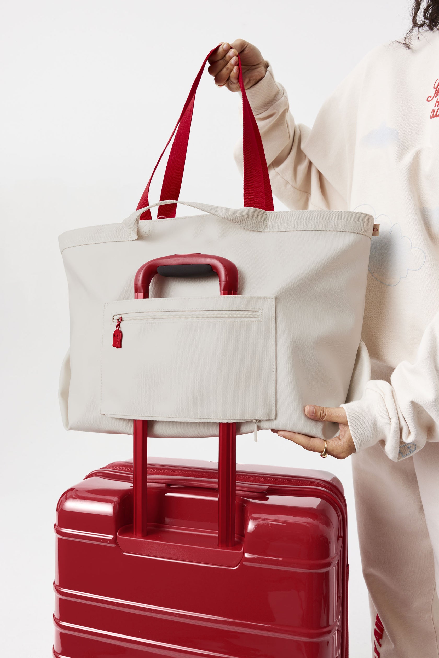 BÉIS x Lonely Ghost 'The Text Me Tote'' in Ghost White - White Travel Tote Bag & Large Vacation Tote