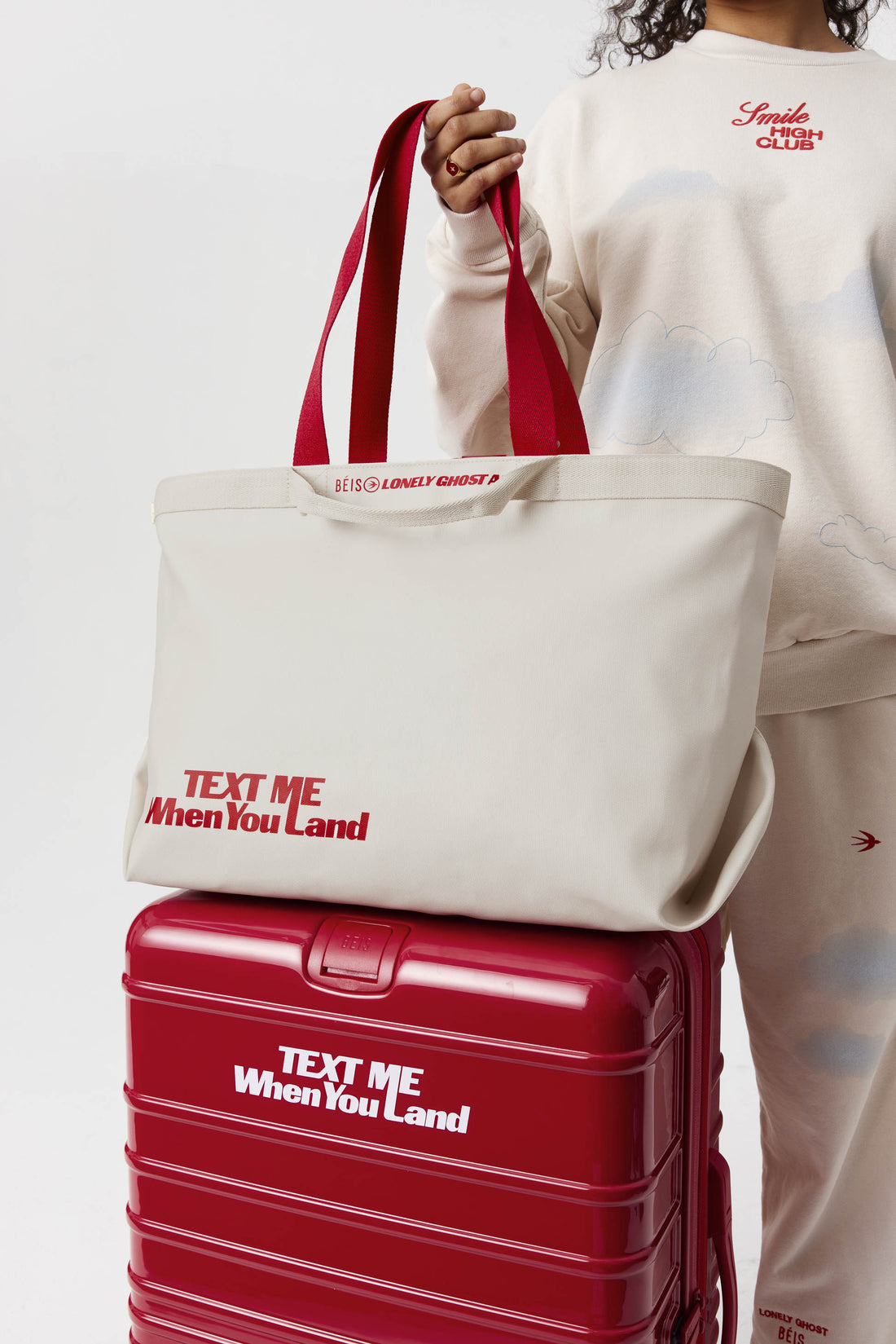 BÉIS x Lonely Ghost 'The Text Me Tote'' in Ghost White - White Travel Tote Bag & Large Vacation Tote