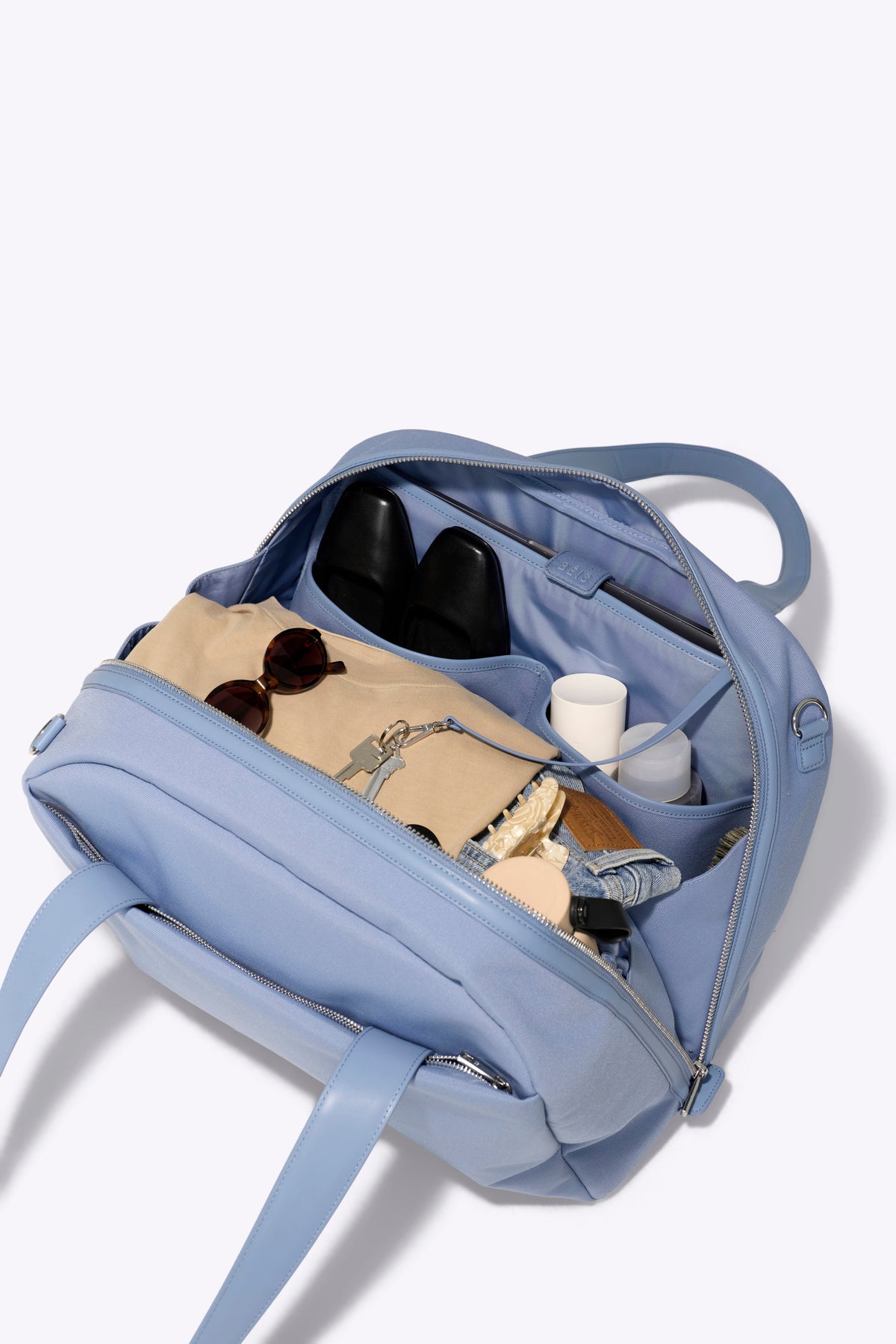 BÉIS ‘The Duffle’ in Dusty Blue - Leather Trim Travel Duffle Bag
