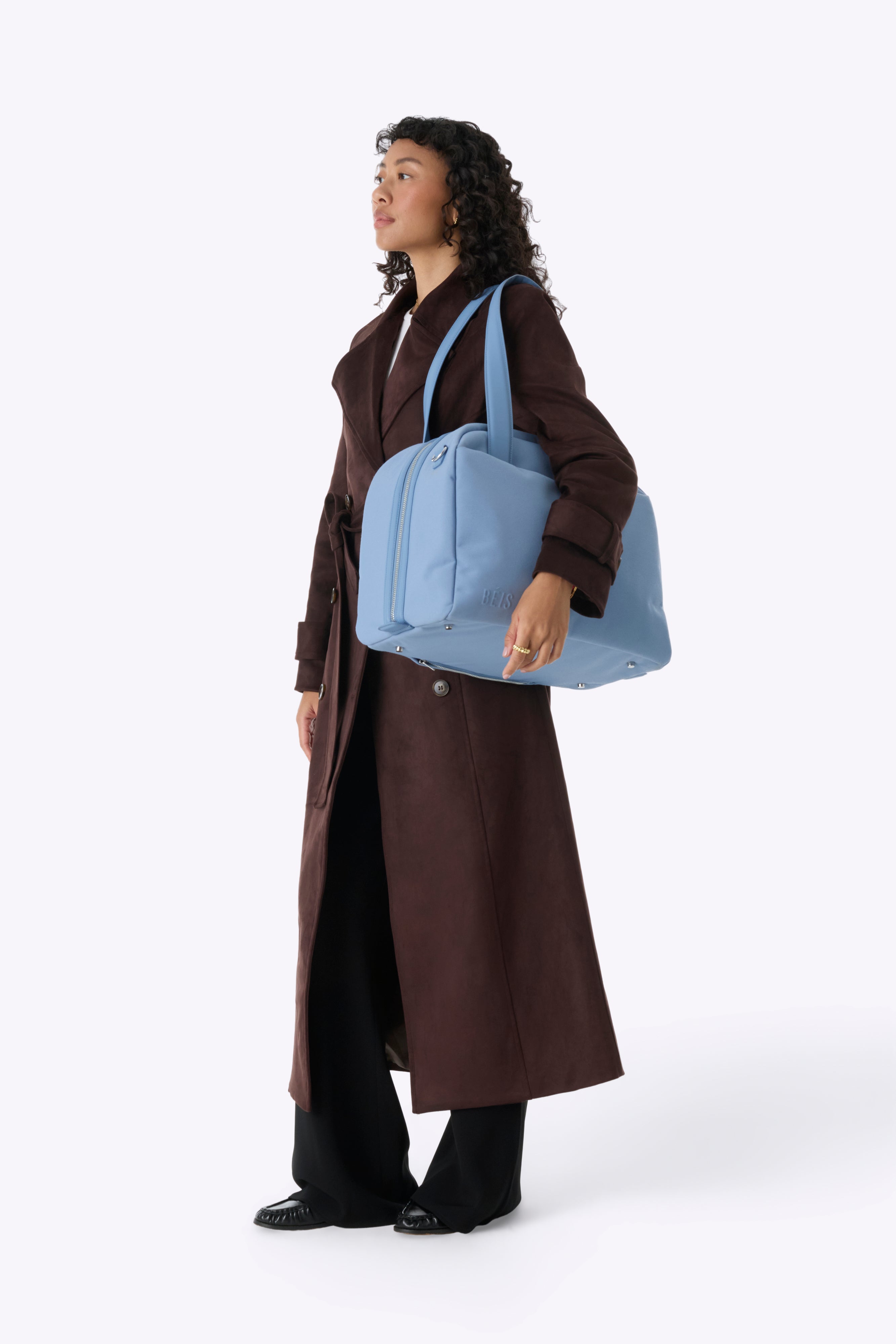 BÉIS ‘The Duffle’ in Dusty Blue - Leather Trim Travel Duffle Bag