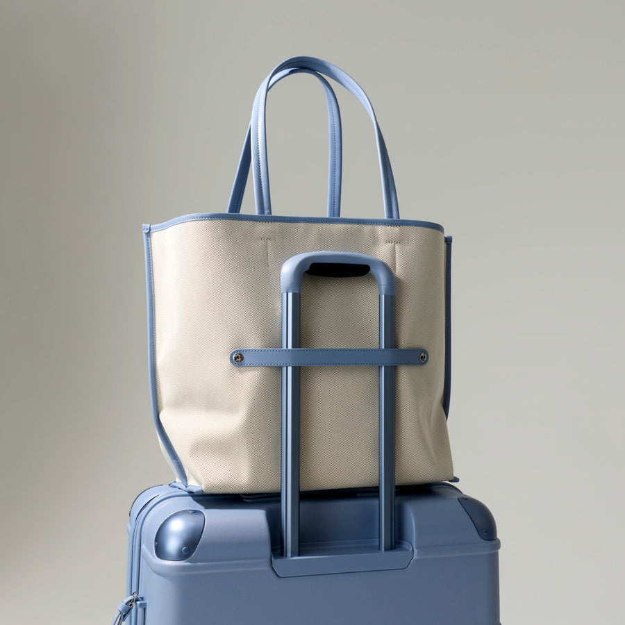 best travel tote bag with trolley sleeve BÉIS 'The Canvas and Leather Tote' in Dusty Blue