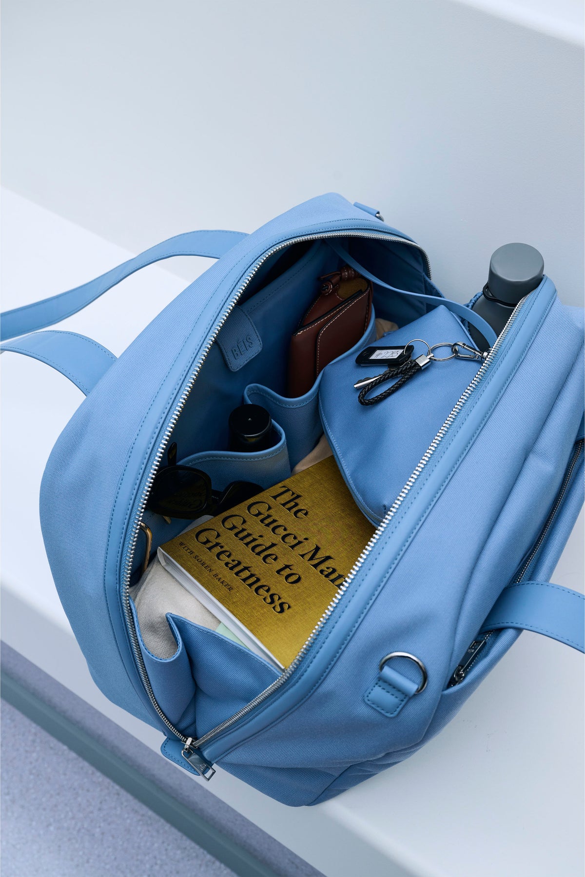 BÉIS ‘The Duffle’ in Dusty Blue - Leather Trim Travel Duffle Bag