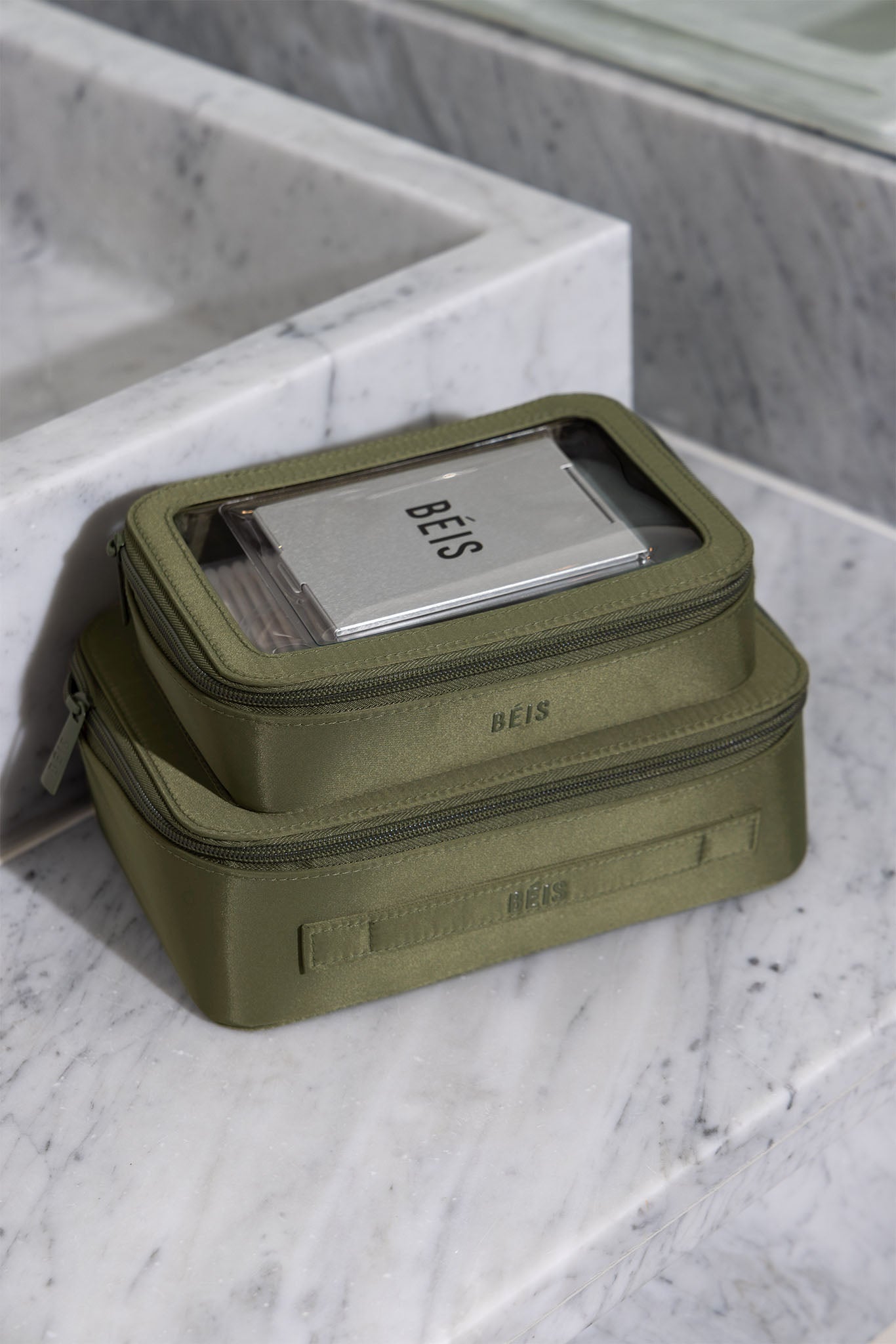 BEIS The In Flight Cosmetic Set in Olive Olive Green Carry On Makeup Bag Travel Makeup Organizer