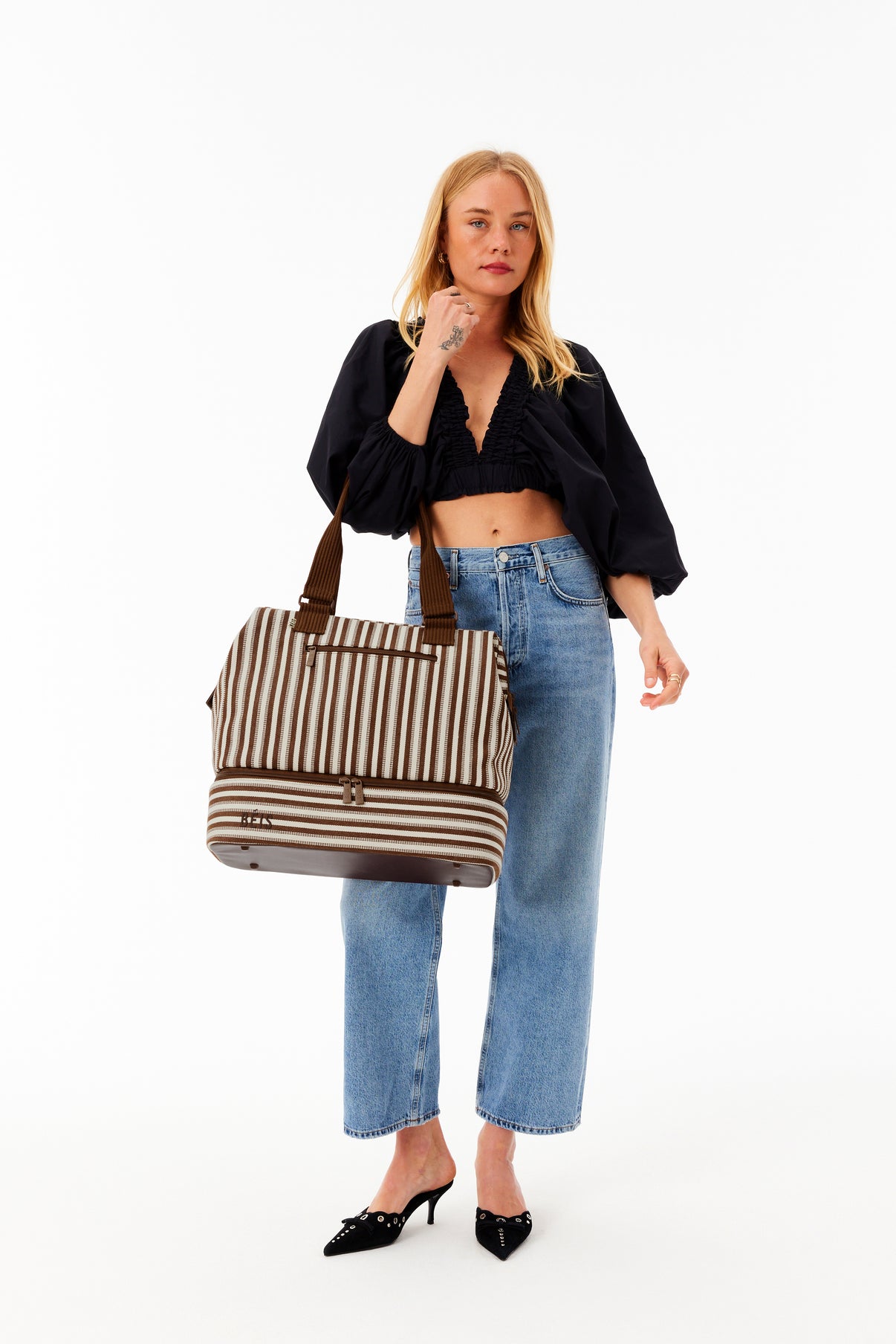 BÉIS 'The Mini Weekender' in Maple Stripe - Maple Striped Small Weekend ...