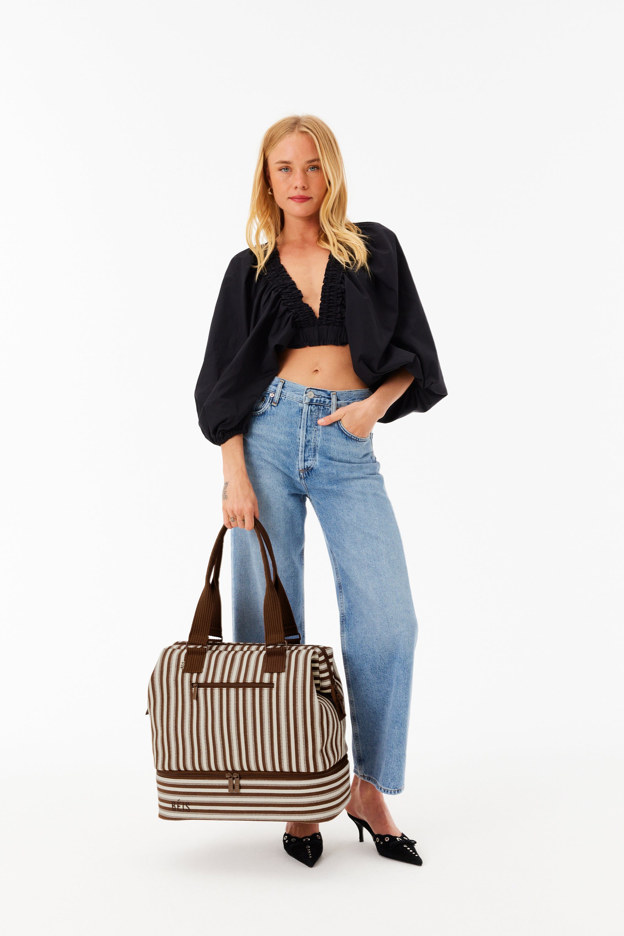 BÉIS 'The Mini Weekender' in Maple Stripe - Maple Striped Small Weekend ...