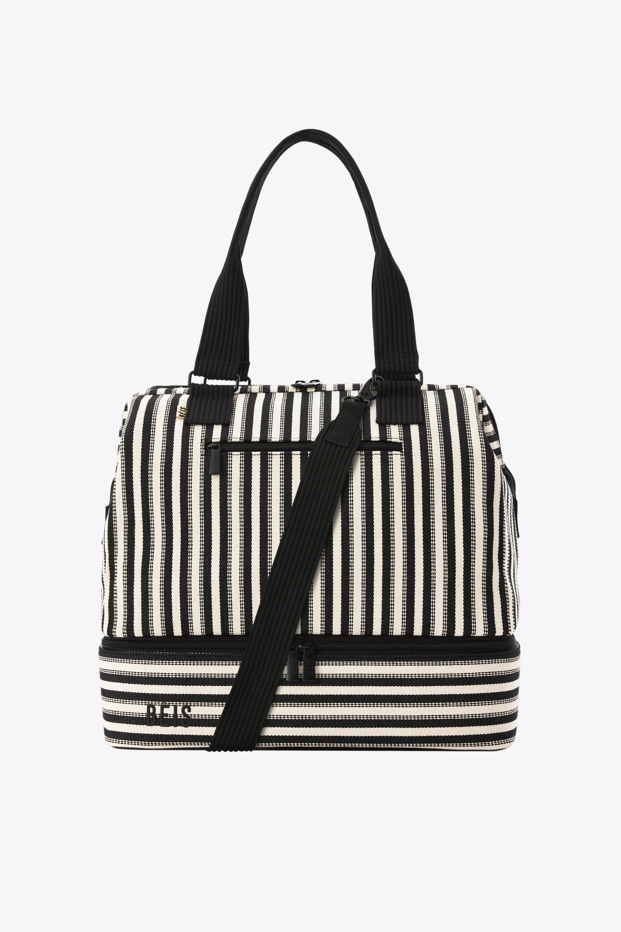 BÉIS 'The Mini Weekender' in Black Stripe - Black Striped Small Weekend ...