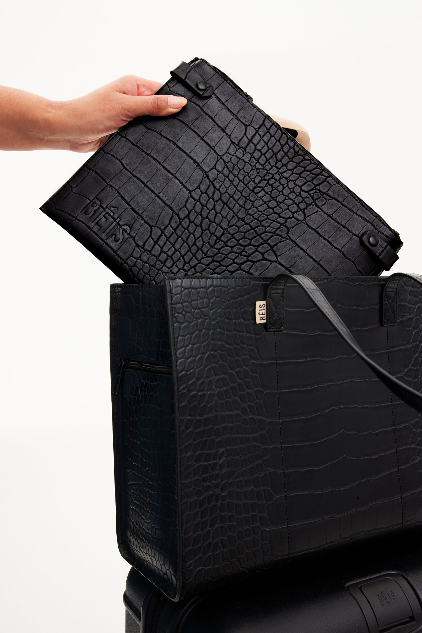 BÉIS 'The Work Tote' in Black Croc - Designer Laptop Tote Bag & Office ...