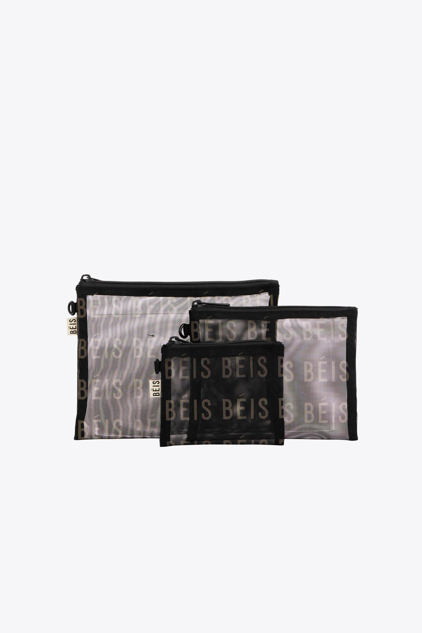 BÉIS 'The Mesh Pouch Trio' in Black - Mesh Travel Bags With