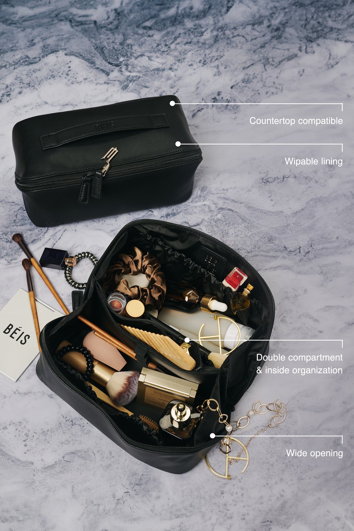 BÉIS 'The Wicked Toiletry Kit' in Black - Wide Opening Black Travel ...