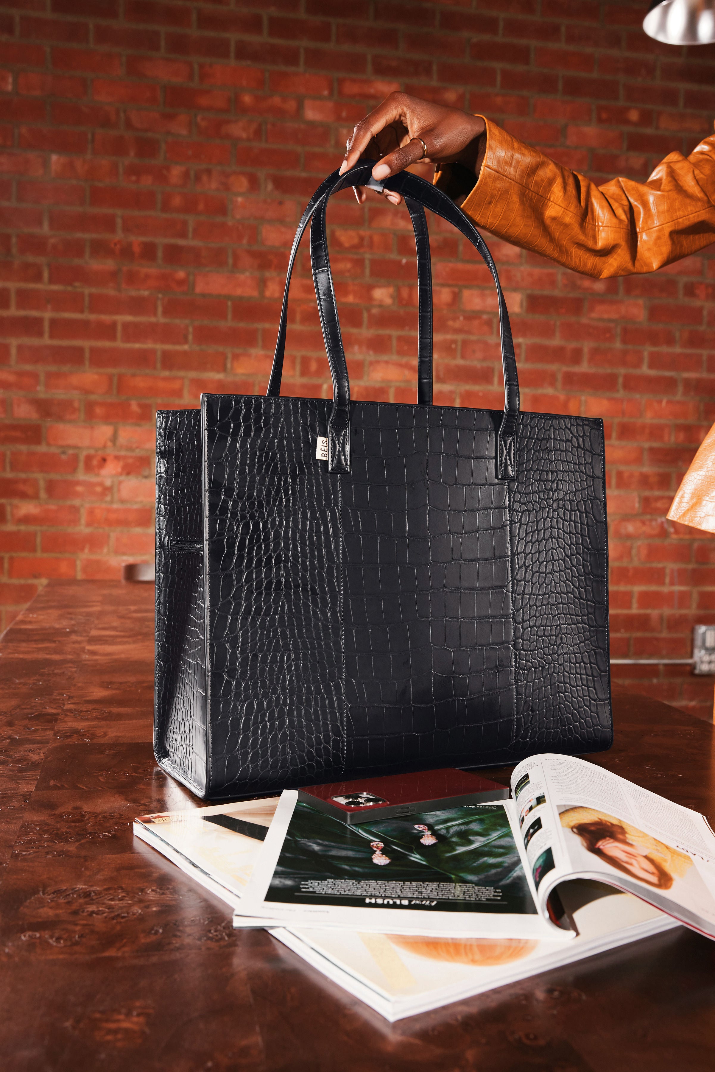 B IS The Large Work Tote in Black Croc Large Laptop Bag Work