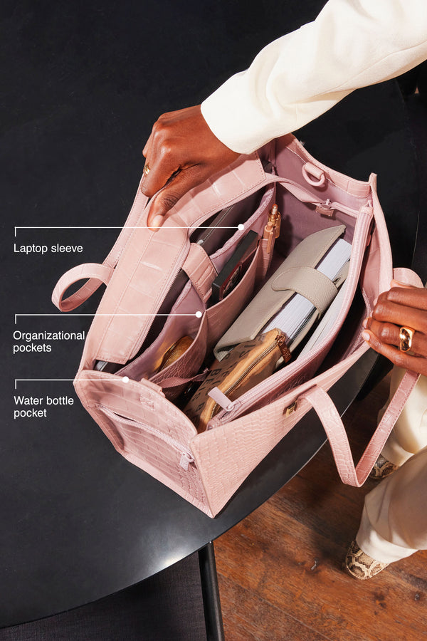 BÉIS 'The Work Tote' in Atlas Pink Croc - Pink Laptop Tote Bag & Office ...