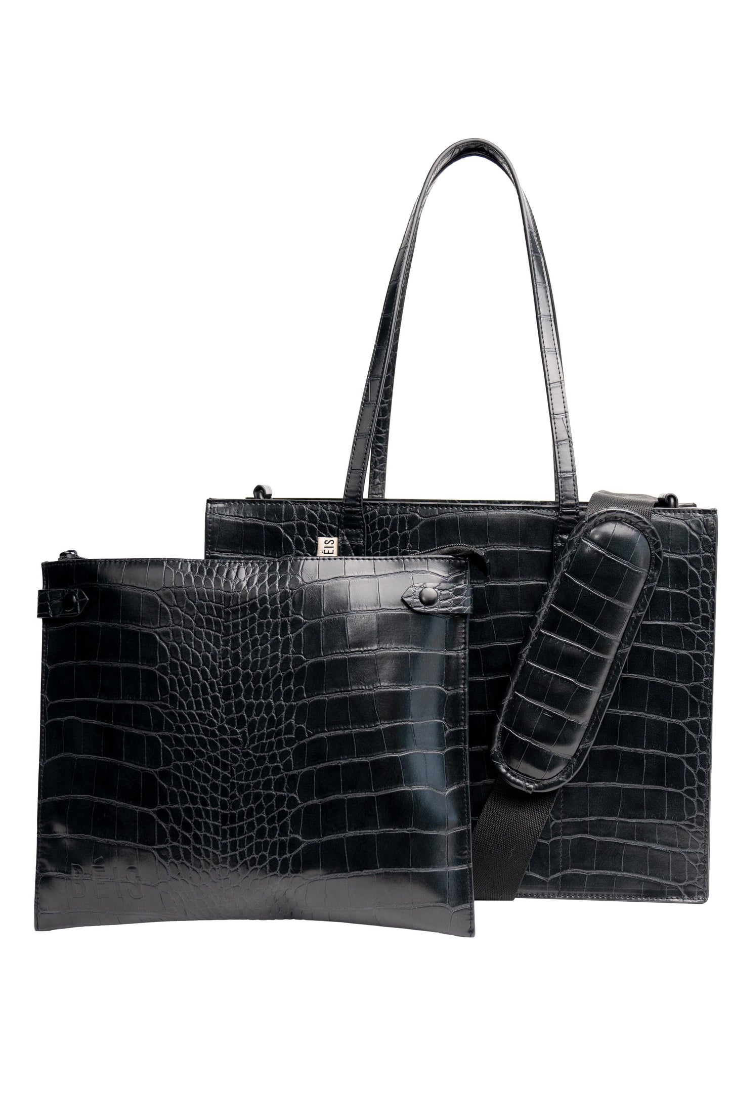Mini Work Tote in Black Croc Front with Removable Pouch