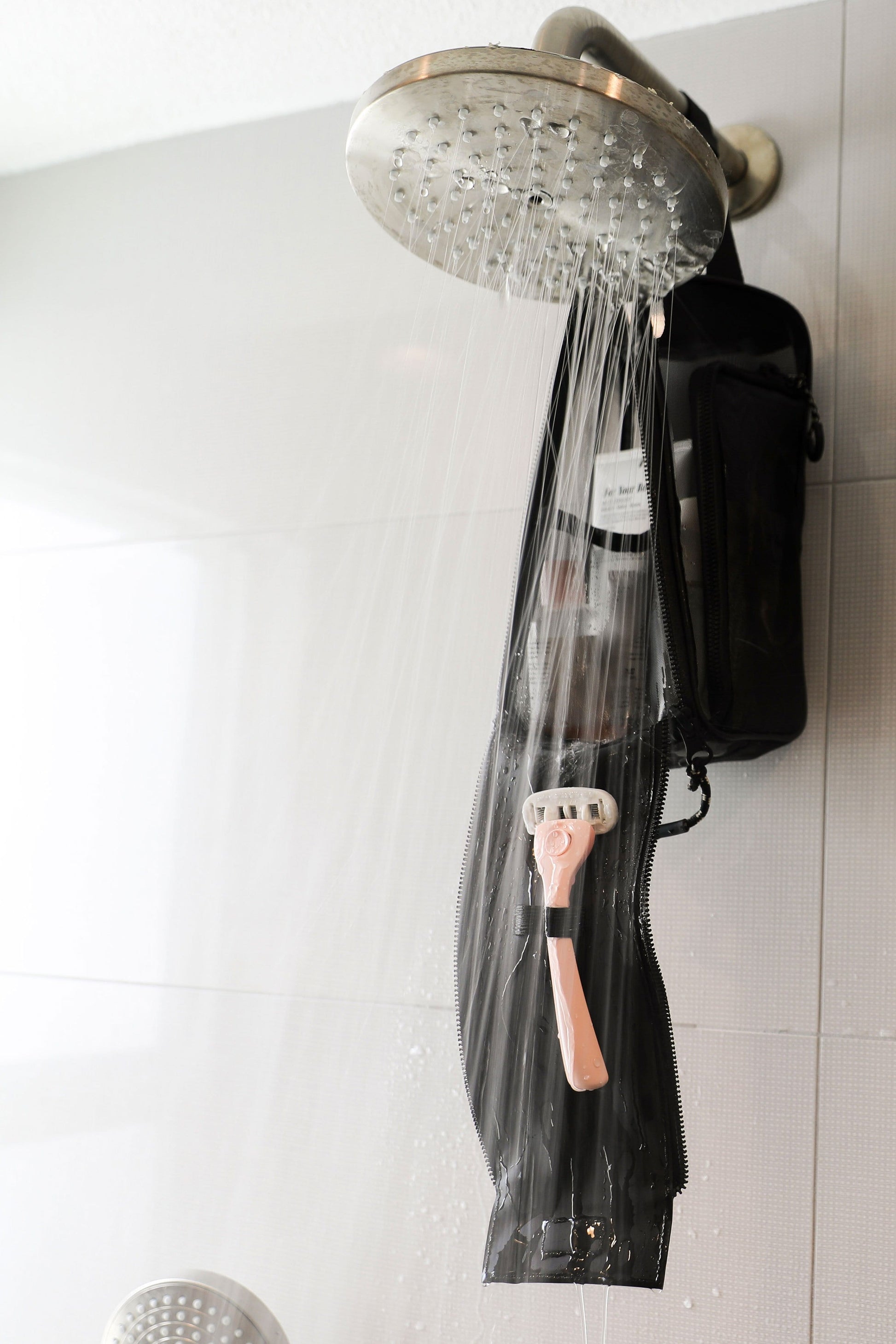 Hanging Shower Caddy Black in Shower with Razor 