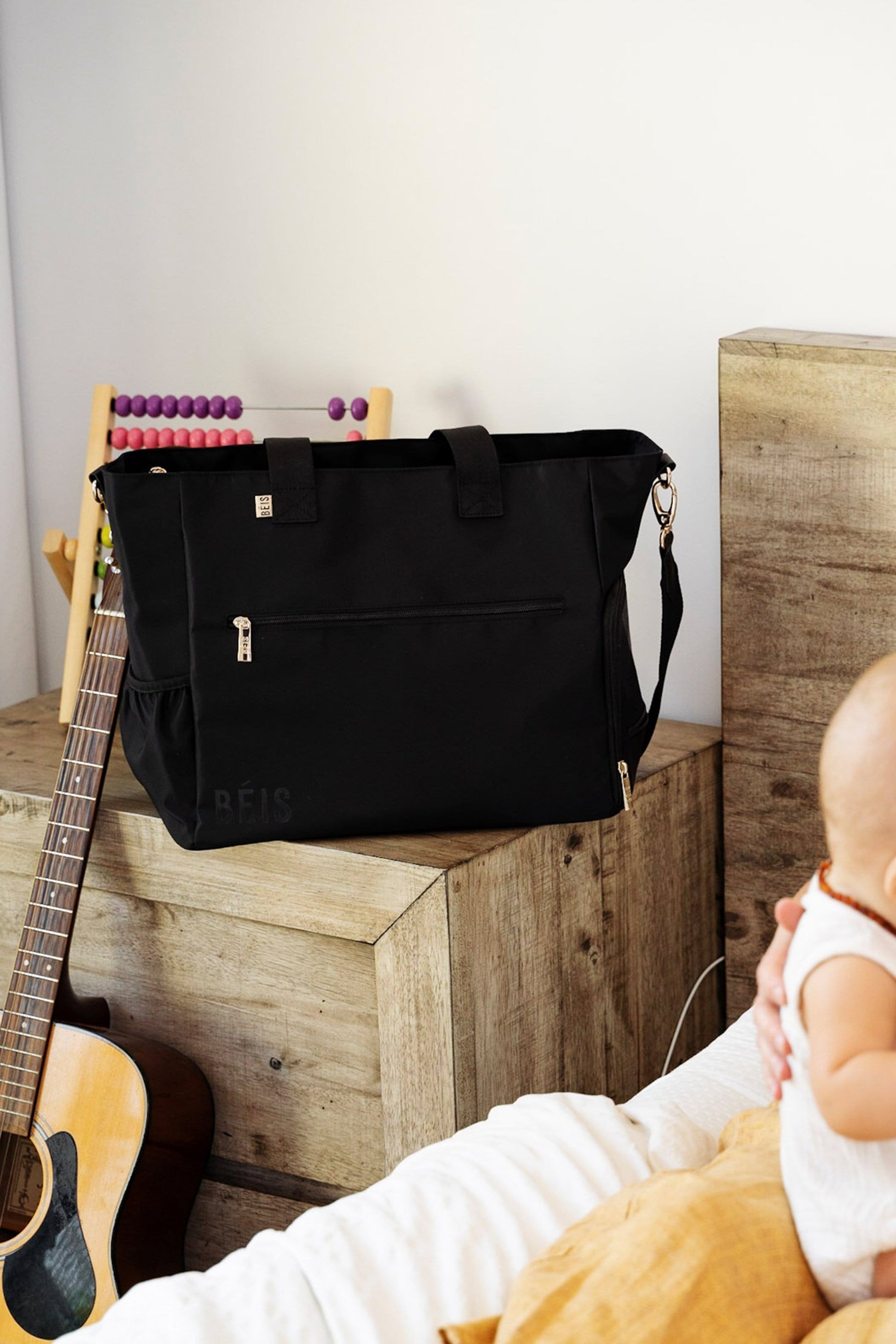 Pumping Bag Black Front on Nightstand in Bedroom 