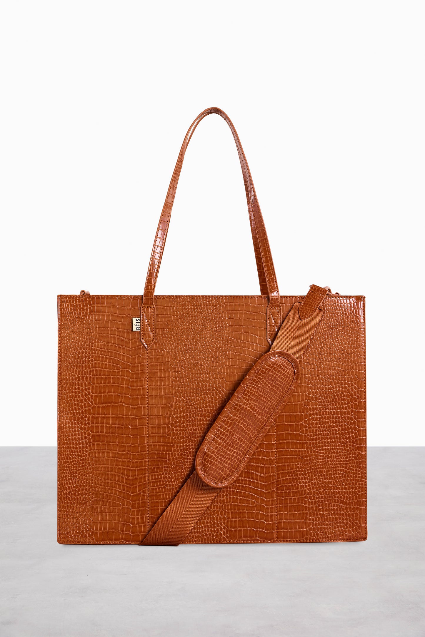 BÉIS 'The Large Work Tote' in Cognac Croc - Brown Work Tote & Laptop Bag  For Women