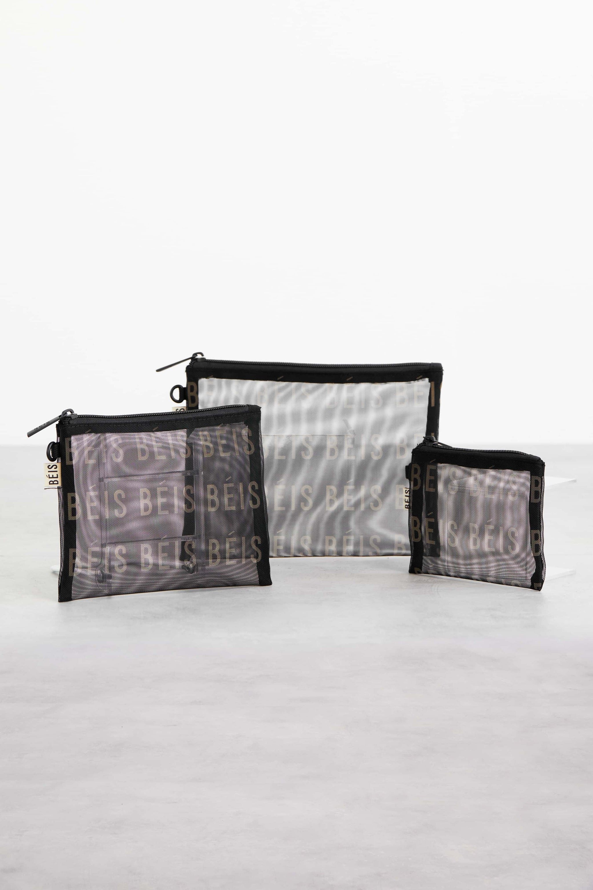 BÉIS 'The Mesh Pouch Trio' in Black - Mesh Travel Bags With Zippers For ...