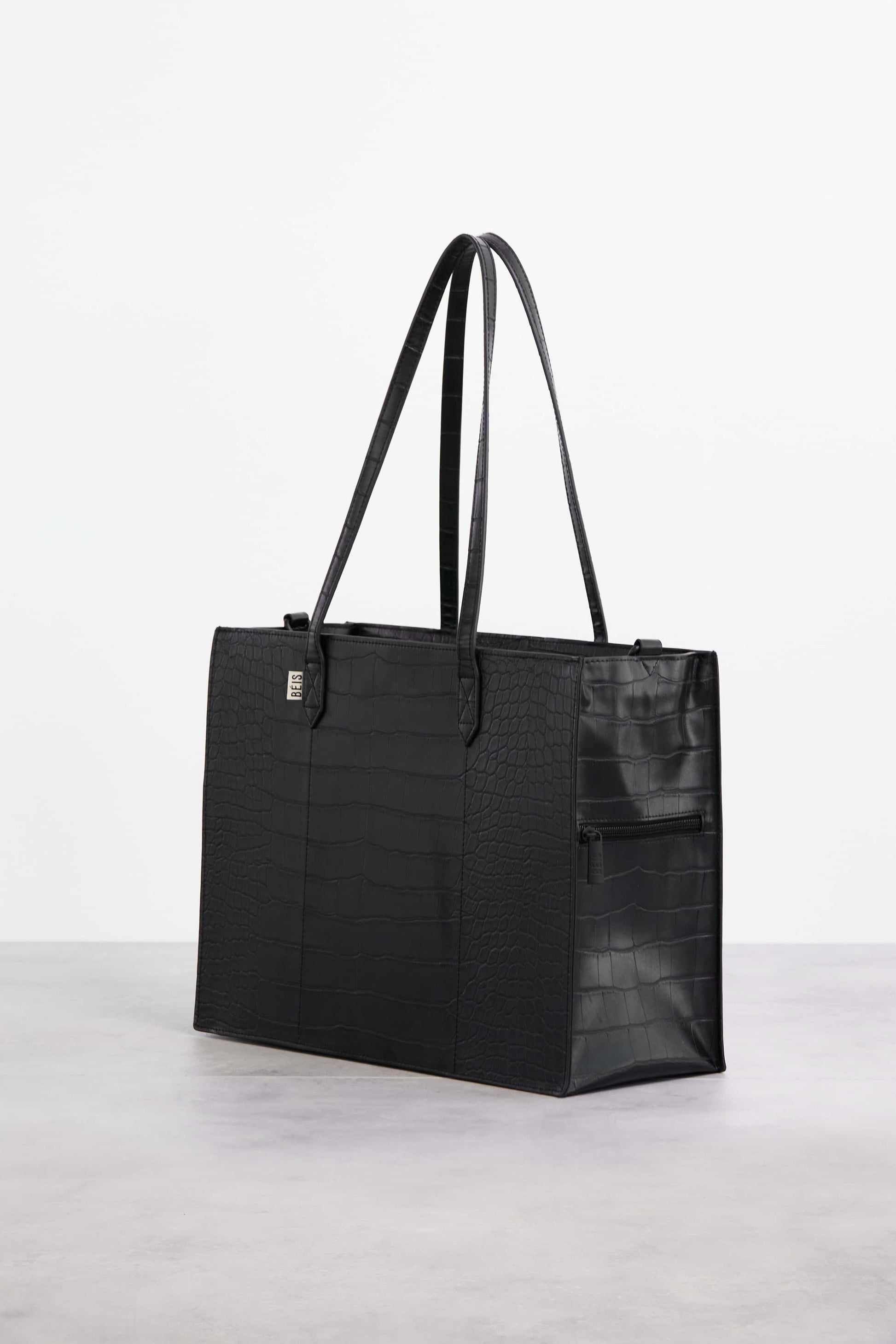 Mini Work Tote in Black Croc Front and Side Angle