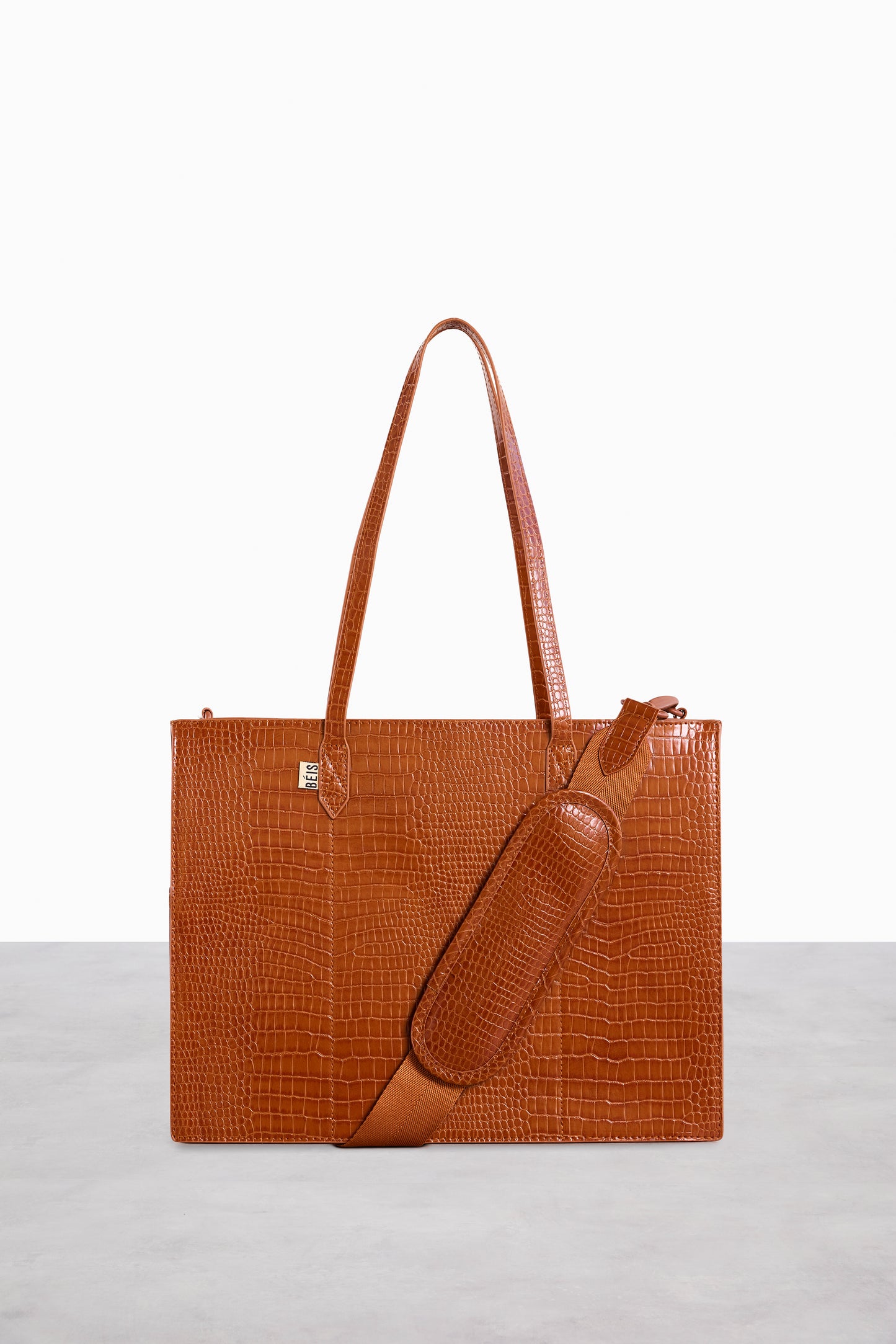 BÉIS 'The Large Work Tote' in Cognac Croc - Brown Work Tote & Laptop Bag  For Women