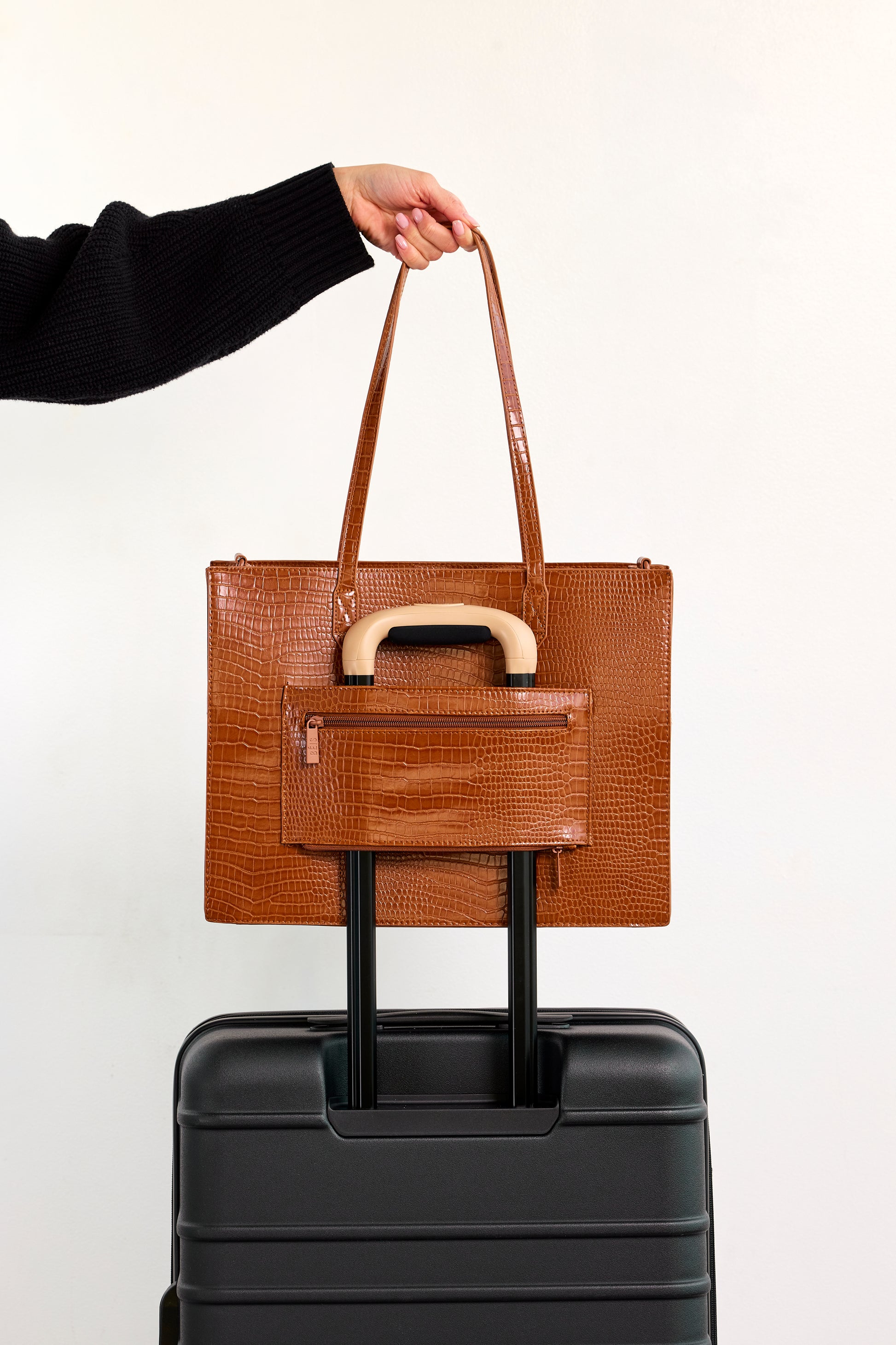 Large Cognac Brown Croc Work Tote - Designer Laptop Bag for Women